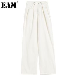 [EAM] High Waist White Denim Long Pleated Wide Leg Trousers New Loose Fit Pants Women Fashion Tide Spring Autumn 2021 1DD9038 Q0801