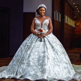 African Ball Gown Wedding Dresses Sheer Long Sleeve Lace Applique Vintage Bridal Gowns Flowers Beaded Customise vestido de novia