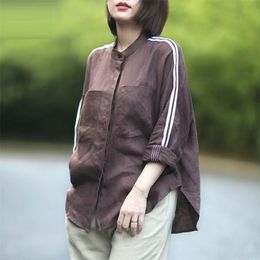 Arrival Autumn Women Shirt Plus Size Long Sleeve Loose Casual Shirts Ladies Tops Double Pockets cotton linen Blouses YG 210512
