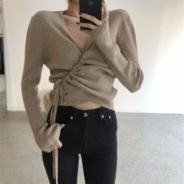 Solid V-Neck Tops Loose Basic Drawstring Lace-Up All-Match High-Waist Knitted Casual Cute Slender Chic Sweaters 210421