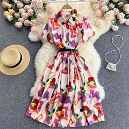 Women's Wear Fashion Palette Colour Matching Short Sleeve A-line Casual Dress Clothing Vintage Korean Vestidos S652 210527
