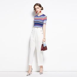 Fashion women's suit spring/summer striped loose slim knit sweater + nine-point wide-leg pants two-piece 210520