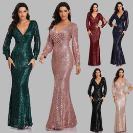 Casual Dresses Sexy V-neck Mermaid Evening Dress Long Formal Prom Party Gown Full Sequins Sleeve Galadress Vestidos Women 2022