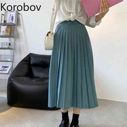 Korobov New High Waist Pleated Skirts Women Button A-Line Solid Faldas Mujer Korean Office Lady Skirt 210430