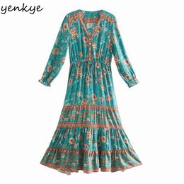 Holiday Summer Boho Dress Women V Neck Long Sleeve Floral Print Female Drawstring Waist A-line Casual Plus Size 210514