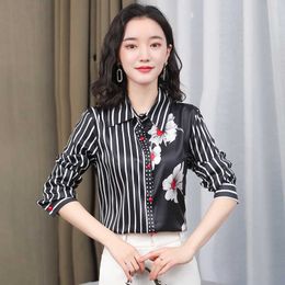 Heavyweight Silk Shirt Satin Blouses Woman Striped Shirt Blouse Long Sleeve Vintage Print Top Plus Size 210604