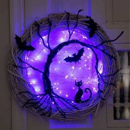 Halloween Wreath Light up Black Bat Cat Wreath Pendant Halloween Decoration for Home Party Supplies #20 Y0901