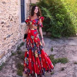 Summer 2 Piece Sets Women Floral Skirts Suits Sexy Cropped Top +maxi Dress Long Pleated Skirts Bohemian Boho Clothing Woman Suit 210730