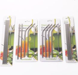 4pcs Stainless Steel Straw +1pcs Cleaner Brush With Blister Card Or Cloth Bag Bend Straight Drinking Straw Set Kitchen Bar Party