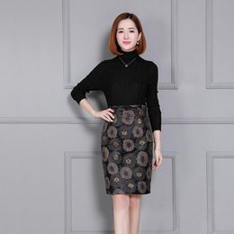 Skirts Top Quality Women Knee Length Sheepskin Printing Straight High Waist Genuine Leather Slim Fit Plus Size Ladies Wrap Skirt