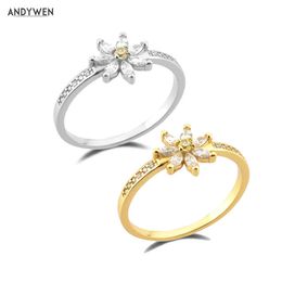 ANDYWEN 925 Sterling Silver Gold Chrysanthemum Flower Rings Clear Women Luxury Crystal Fashion Fine Party Wedding Round Jewellery 210608