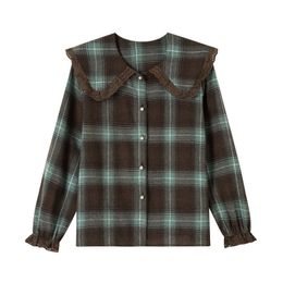 PERHAPS U Women Chic Brown Green Turn Down Collar Long Sleeve Shirt Blouse Button Spring Autumn Lace Plaid B0734 210529