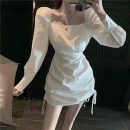 Ezgagaga Bodycon Dress Women Square Collar Long Sleeve Spring Korean High Waist Hollow Out Drawstring Sexy Dress Casual Vestidos 210430