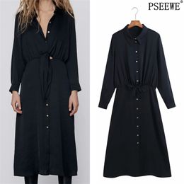 Black Knot Satin Long Dress Women Button Up Ruched Sleeve Midi Woman Waist Hollow Out Casual es 210519