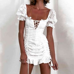 Lace Up Embriodery White Lace Dress Women Hollow Out Beach Summer Dress Puff Sleeve Ruffle Ruched Bodycon Mini Dress Vestidos 210415