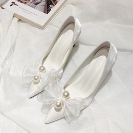 Fashion New Pearl Bow High Heel Shoes Single Fairy Style White Pointed Wedding Shoes