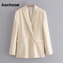 Aachoae Office Wear Beige Blazer Coat Women Double Breasted Long Sleeve Jacket With Pockets Notched Collar Casual Outerwear 210413