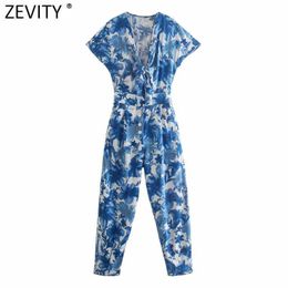 Zevity Women Fashion Knotted V Neck Floral Print Calf Length Jumpsuits Chic Lady Short Sleeve Elastic Waist Casual Rompers P1130 210603