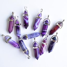 Trendy Purple pink green Stripe onyx pillar shape point Chakra stone charms pendants for necklace earrrings jewelry making