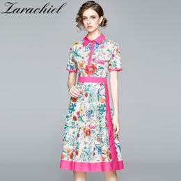 Fashion Flower Print Women Elegant High Waist A Line Summer Female Short Sleeve Single-Breasted Bohemian Midi Dress 210416
