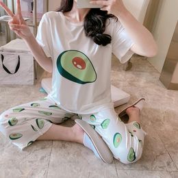 Women Pine Avocado Fruit Loose Short Sleeve T-shirt Top Pants Pyjama Set 2021 X0526