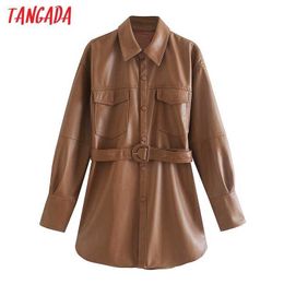 Tangada Women brown faux leather jacket coat with slash Ladies Long Sleeve loose oversize boy friend Coat 3H120 210609