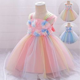 Toddler Girls Flowers Dress Cute Princess Rainbow Party Vestido for Kids Lovely Clothing Summer 210529