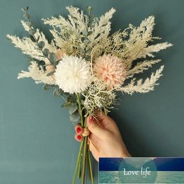 New White Artificial Flower High Quality Silk Dandelion Eucalyptus Hybrid Bouquet Wedding Home Party Decorative False Flower