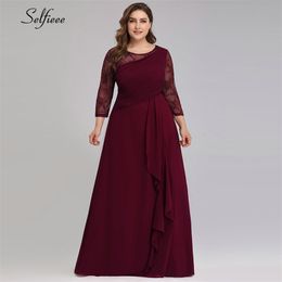 Plus Size Maxi Dress Women Large Sizes A Line O Neck 3/4 Sleeve Lace Autumn Dress Long Chiffon Party Vestidos De Verano 210331