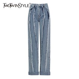 Casual Blue Denim Pant For Women High Waist Patchwork Pockets Tassel Full Length Loose Jeans Female Spring 210521