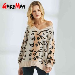 Women's Leopard Print Pullover Sweater Female Long Sleeve Autumn Winter Vintage Knitted Off Shoulder V Neck For Women 210428