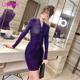 The sexy perspective bow pleated dress for spring and autumn sparkles hips Office Lady Polyester 210416