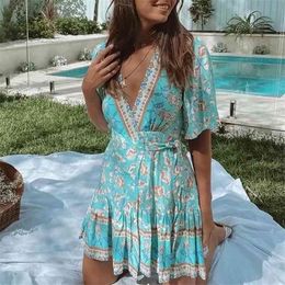 Foridol Floral Print Boho Dress Women Summer Flare Sleeve Wrap Dress Beach Flower Sky Blue Short Mini Cotton Dress 210415