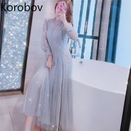 Korobov Sweet Chic Sequind Women Dresses Vintage Long Sleeve A-Line Mesh Long Dress Summer New Robe Femme 2a645 210430