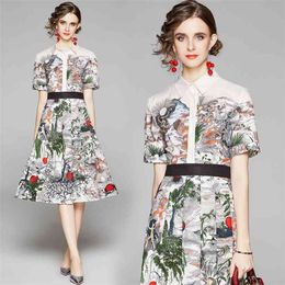 Vintage Women Short Sleeve Single-Breasted Shirt Dresses Female Casual Flower Print Slim Waist A-Line Midi Dress Vestidos 210520