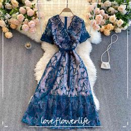 LoveFlowerLife Summer Elegant Ladies Sash Tie Up Floral Print Dress Women Vintage V-neck Lace Embroidery Midi Dress 210521