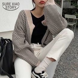 Casual Knitted Cardigan Oversize Button Front Contrast Stripe Cardigan Autumn Women Sweater Female Chic Fashion Clothing 12031 210527