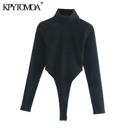 Women Sexy Fashion Hollow Out Ribbed Bodysuits High Neck Long Sleeve Female Playsuits Chic Tops 210420
