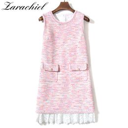 Pink Elegant Tweed Weave Lace Patchwork Fringe And Pearl Pocket Sleeveless Mini Dress Spring Autumn Vintage Women Vest Dresses 210416