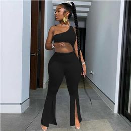Summer Sexy Women Solid Color SleevelSlanted Shoulder Split Two Piece Sets Fashion Party Clubwear Street Outfits Suits X0709