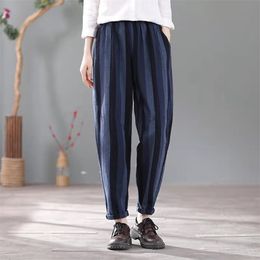 Spring Korean Style Women Loose Casual Elastic Waist Ankle-length Pants All-matched Striped Cotton Linen Harem W161 210512