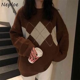 Vintage Linggle Hit Colour Knit Sweater Women O Neck Pullover Long Sleeve Pull Femme Winter Loose Sueter Warm 210422