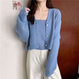 Knitted Cardigan Gentle Wind Jacket Women's Spring and Autumn Retro Hong Kong Style Design Sweater Set 210427