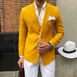 High Quality Linen Men Blazers Double-breasted Thin Casual Suit British Slim Wedding Business Coat Streetwear Social Blazer 210527