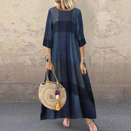 Aimsnug 2021 Summer Long Maxi Dress Short Sleeve Cotton Linen Dresses Plus size Ladies Retro Casual Loose Plaid Dress Femme 5XL Y0726