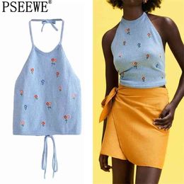 Halter Top Woman Summer Blue Floral Embroidered Knitted Sleeveless Women Streetwear Backless Sexy s 210519