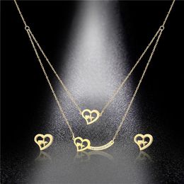 Women's Heart Necklace Earrings Set Dubai Gold Colour Stainless Steel African Indian Bridal Wedding Jewellery Sets for Women Girls