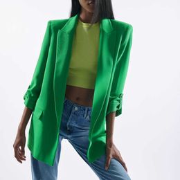 Fashion Casual Loose Notched Blazers Women Elegant Green Rollable Sleeve Jackets Women Spring Pockets Straight Suits Ladies X0721