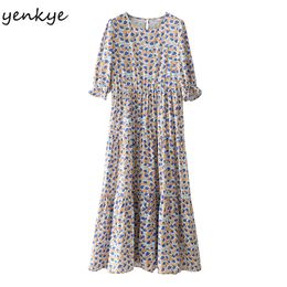 Summer Women Print Long Dress Female O Neck Half Sleeve Pleated Casual Dresses Plus Size Holiday Vestido 210514