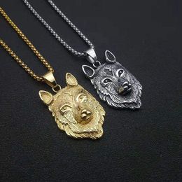 -Feuille d'or en acier inoxydable Wolf Viking Pendentif Collier Bijoux Colliers d'animaux Cadeau pour lui avec chaînes de chaînes
